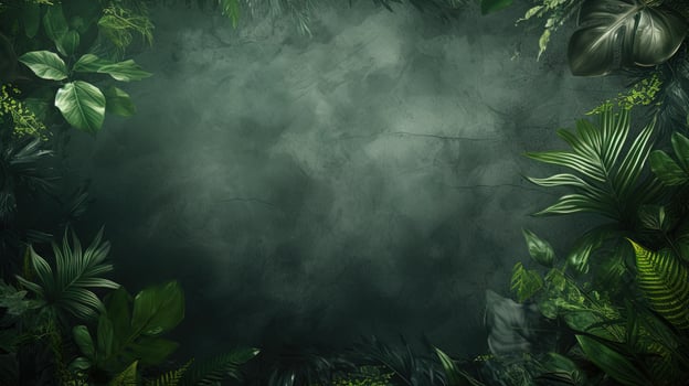 AI generated illustration of various tropical foliage framing a green cracked concrete grunge background photo