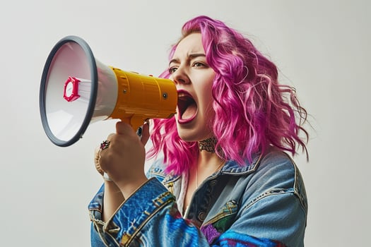 AI generated Pink haired young woman in a decorated denim jacket shouts angrily into a loudspeaker photo
