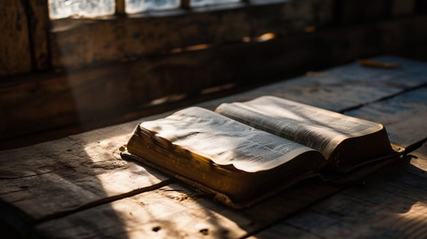 AI generated Old holy bible on a wooden table with sunlight in the background. photo