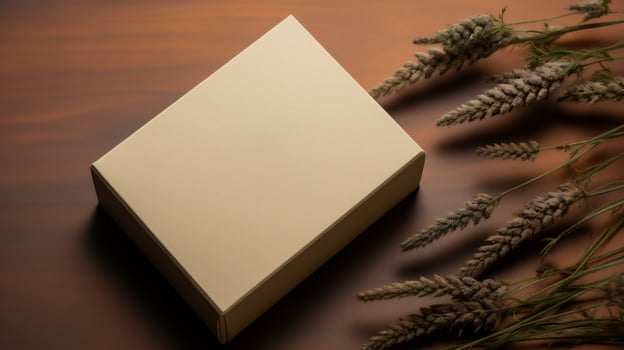 AI generated Blank gift box with dried flowers on wooden table. photo