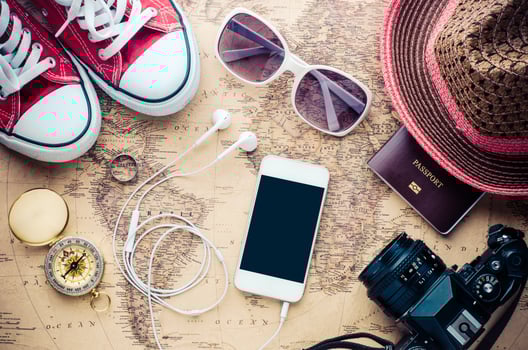Tourism planning and equipment needed for the trip on map photo