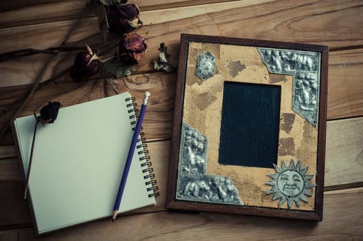Still life picture frames, vases, dried rose notebook concept frequent memories. photo