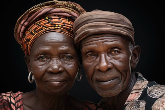 AI generated Portrait of an elderly African couple on vacation in national costumes. Journey photo