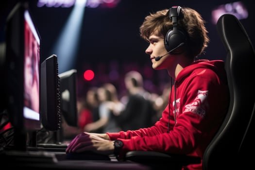 AI generated A young gamer with headphones is sitting at a computer and playing competitions photo