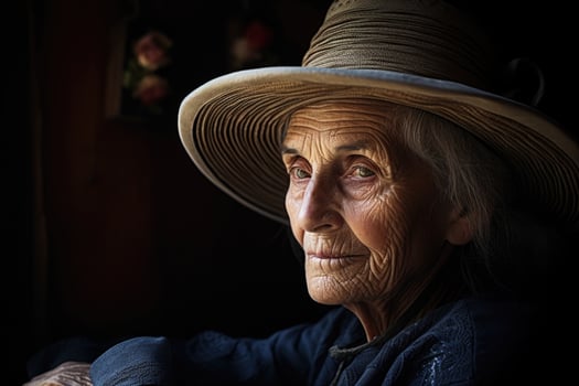 AI generated Portrait of an elderly woman in a hat, on a black background photo