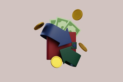 3D wallet concept. money bag, coins stack and banknotes. 3d render illustration photo