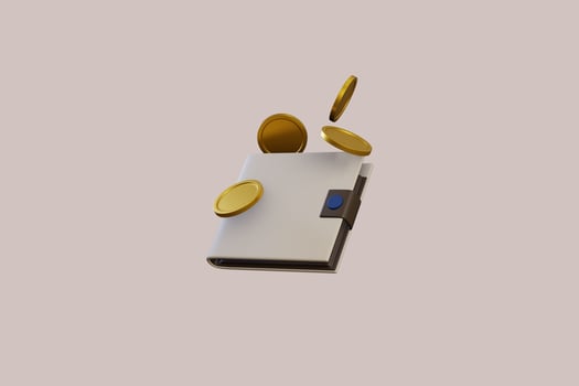 3D wallet concept. money bag, coins stack and banknotes. 3d render illustration photo
