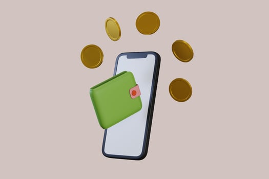 3D wallet concept. money bag, coins stack and banknotes. 3d render illustration photo