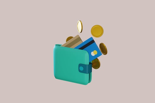 3D wallet concept. money bag, coins stack and banknotes. 3d render illustration photo