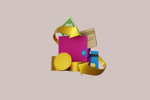 3D wallet concept. money bag, coins stack and banknotes. 3d render illustration photo