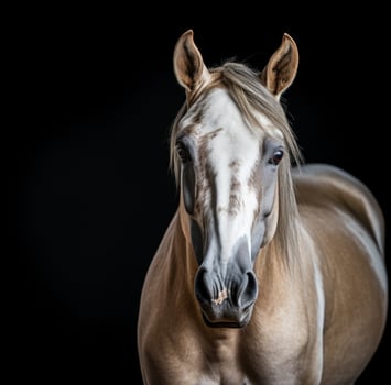 AI generated a horse looks towards the camera on a black background photo