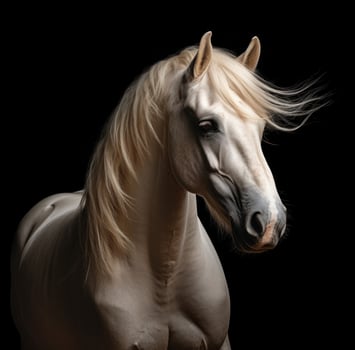 AI generated a white horse with long hair standing in front of a black background photo
