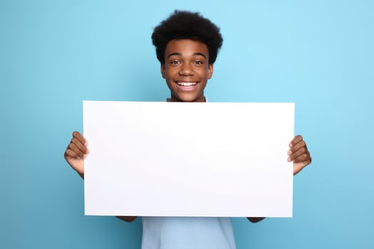 AI generated man holding blank sign on blue background happy smiling photo