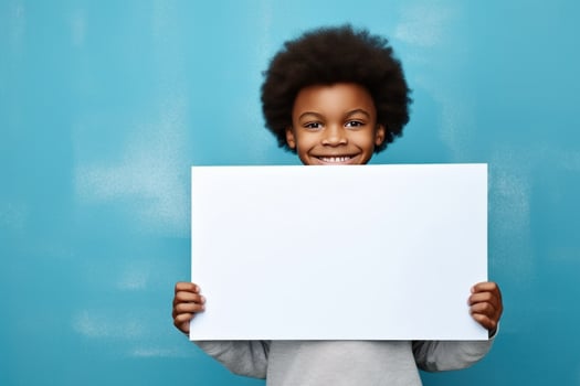 AI generated man holding blank sign on blue background happy smiling photo
