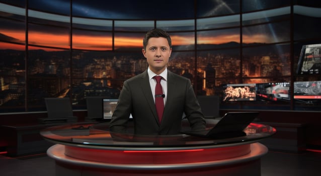 AI generated news anchor standing at the news room photo