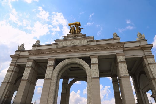 20 August 2023, Moscow, Russia. Famous Main Gates to VDNH complex in Moscow. photo