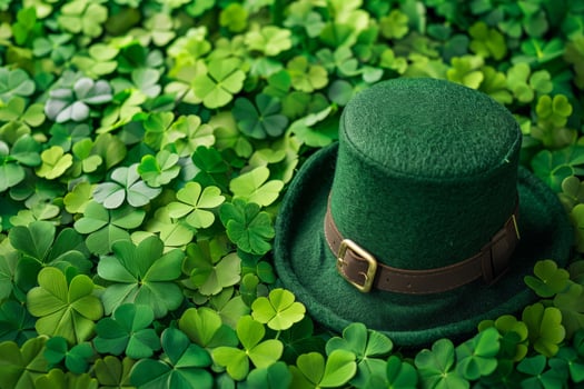 AI generated St. Patrick's Day background with leprechaun hat and clover leaves. Generative AI photo