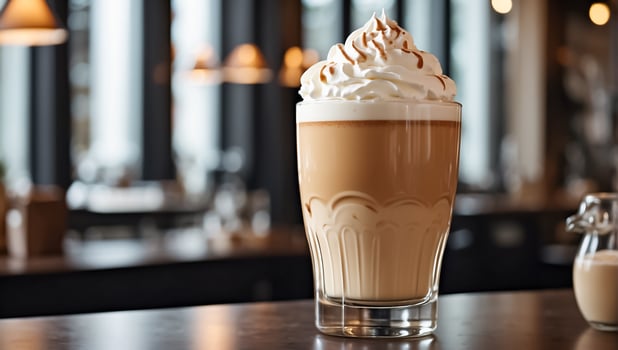 AI generated Beautiful latte coffee with whipped cream in a glass in a cafe photo