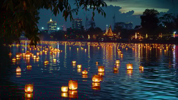 AI generated Luminous Nightfall over a Cultural Riverside Festival photo