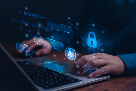 Cybersecurity, digital technology and artificial intelligence AI are concepts associated with data privacy, crime, and internet threats. photo