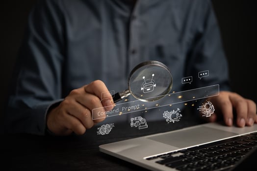 AI artificial intelligence conversation chats data robot. Businessman using a computer to search for prompts with generate software in modern technology digital auto machine transformation innovation. photo