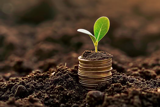 AI generated Golden coins in soil with young plant. Money growth concept. photo