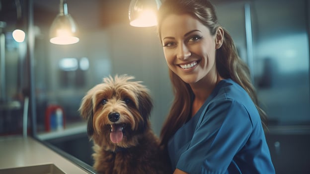 AI generated Young vet girl shares joyful moment with playful dog in clinic symbolizes importance of pet checkups photo