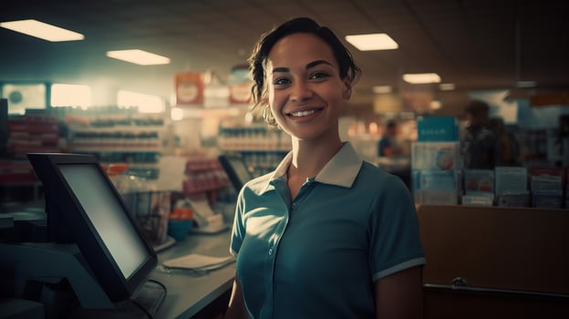 AI generated Portrait of cheerful smiling female cashier in grocery store symbolizes friendly customer service photo