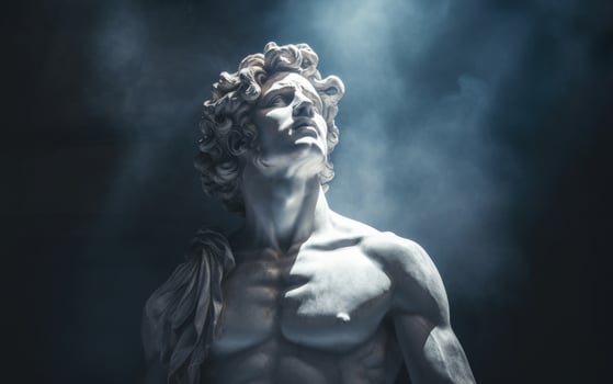 AI generated Ancient antique statue of male person in mystical haze on gloomy dark background, beautiful statue photo