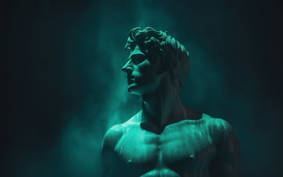 AI generated Ancient antique statue of male person in mystical neon glow haze, gloomy dark background photo