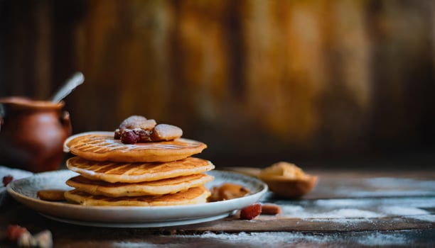 Copy Space image of Delicious viennese waffles with maple syrup drizzle and blackberry on dark brown wood background. photo