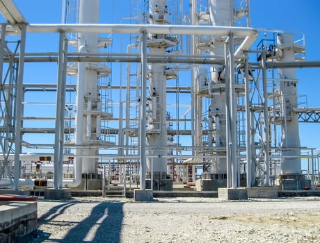 Rectification columns of the oil refinery. photo