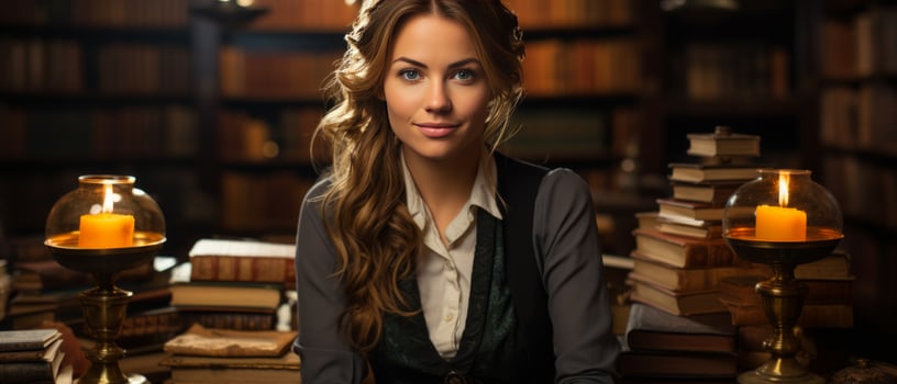 AI generated Trendy female student sitting among bookshelves in an old university library, deeply engrossed in studying. photo