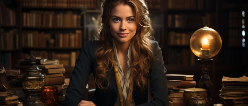 AI generated Trendy female student sitting among bookshelves in an old university library, deeply engrossed in studying. photo