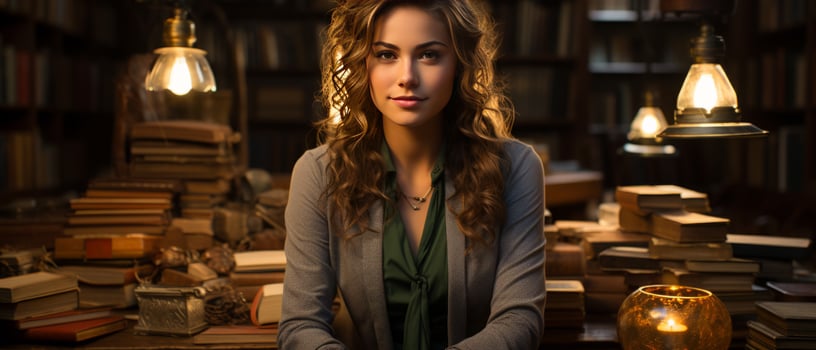 AI generated Trendy female student sitting among bookshelves in an old university library, deeply engrossed in studying. photo