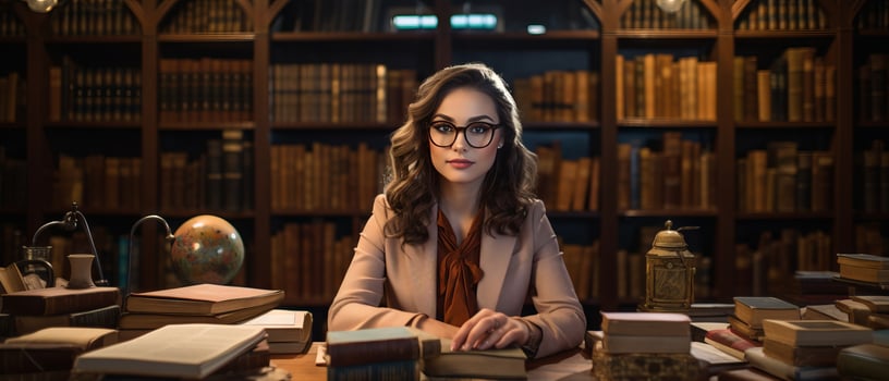 AI generated Trendy female student sitting among bookshelves in an old university library, deeply engrossed in studying. photo