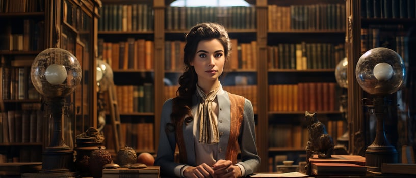 AI generated Trendy female student sitting among bookshelves in an old university library, deeply engrossed in studying. photo
