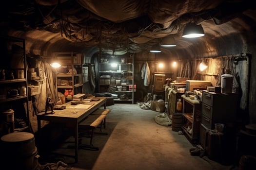 AI generated an underground bunker full with survival item photo