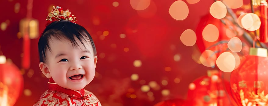 AI generated Cute Asian baby in Chinese traditional dress. Happy Chinese new year concept. photo
