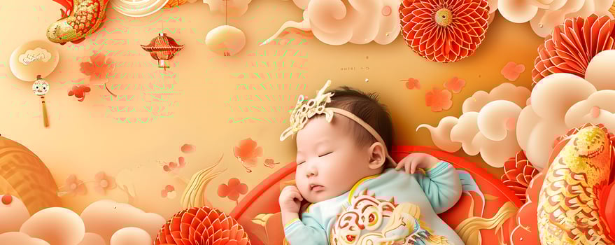 AI generated Sleeping Asian baby on bed. Chinese new year concept. photo