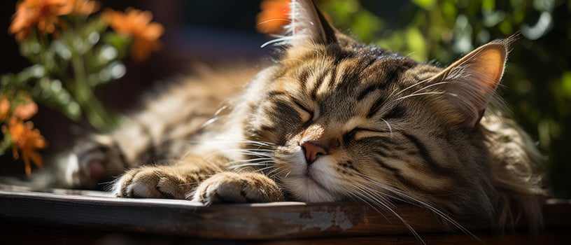 AI generated Charming and funny photo of a sleepy kitten, showcasing its fluffy striped fur and adorable expression.