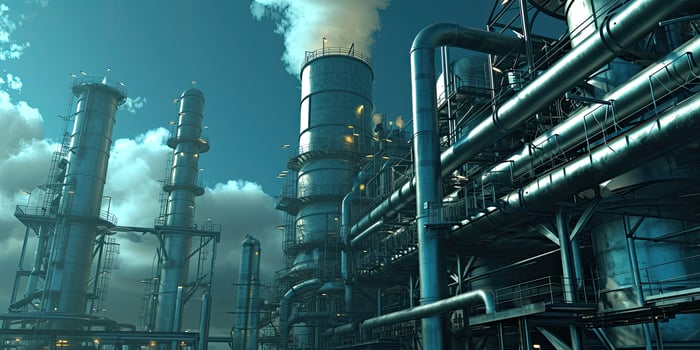 AI generated Generative AI, Hydrogen power plant, large steel tanks and pipes. Green renewable energy production, H2 energy concept photo