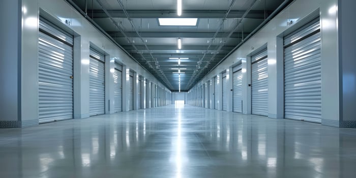 AI generated Generative AI, Mini metal self storage facilities rental units, warehouse exterior, industry garage building. photo