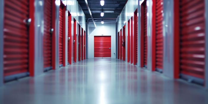 AI generated Generative AI, Mini metal self storage facilities rental units, warehouse exterior, industry garage building. photo