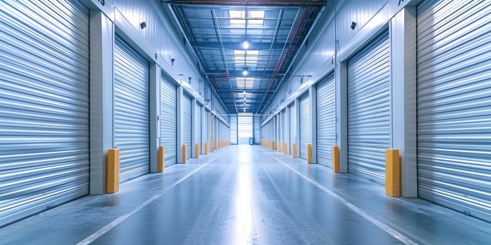 AI generated Generative AI, Mini metal self storage facilities rental units, warehouse exterior, industry garage building. photo