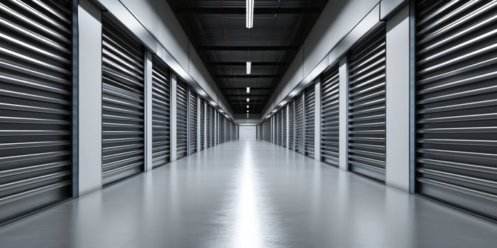 AI generated Generative AI, Mini metal self storage facilities rental units, warehouse exterior, industry garage building. photo