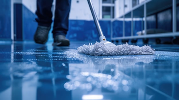 AI generated Generative AI, Housekeeping, cleaning, person with a mop to clean the floor. Office or domestic worker, cleaner and housewife photo