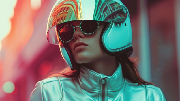 AI generated Futuristic Styles Women Wearing Jackets and Helmets in Space, suitable for magazine covers, wallpapers, websites, and advertisements. photo