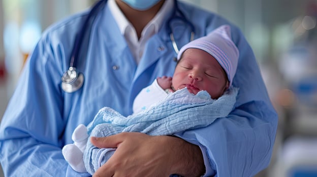 AI generated Generative AI, Pediatrician doctor holding a newborn baby in hospital, concept of childbirth and healthcare professionals photo