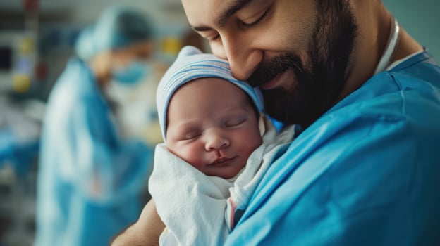 AI generated Generative AI, Pediatrician doctor holding a newborn baby in hospital, concept of childbirth and healthcare professionals photo